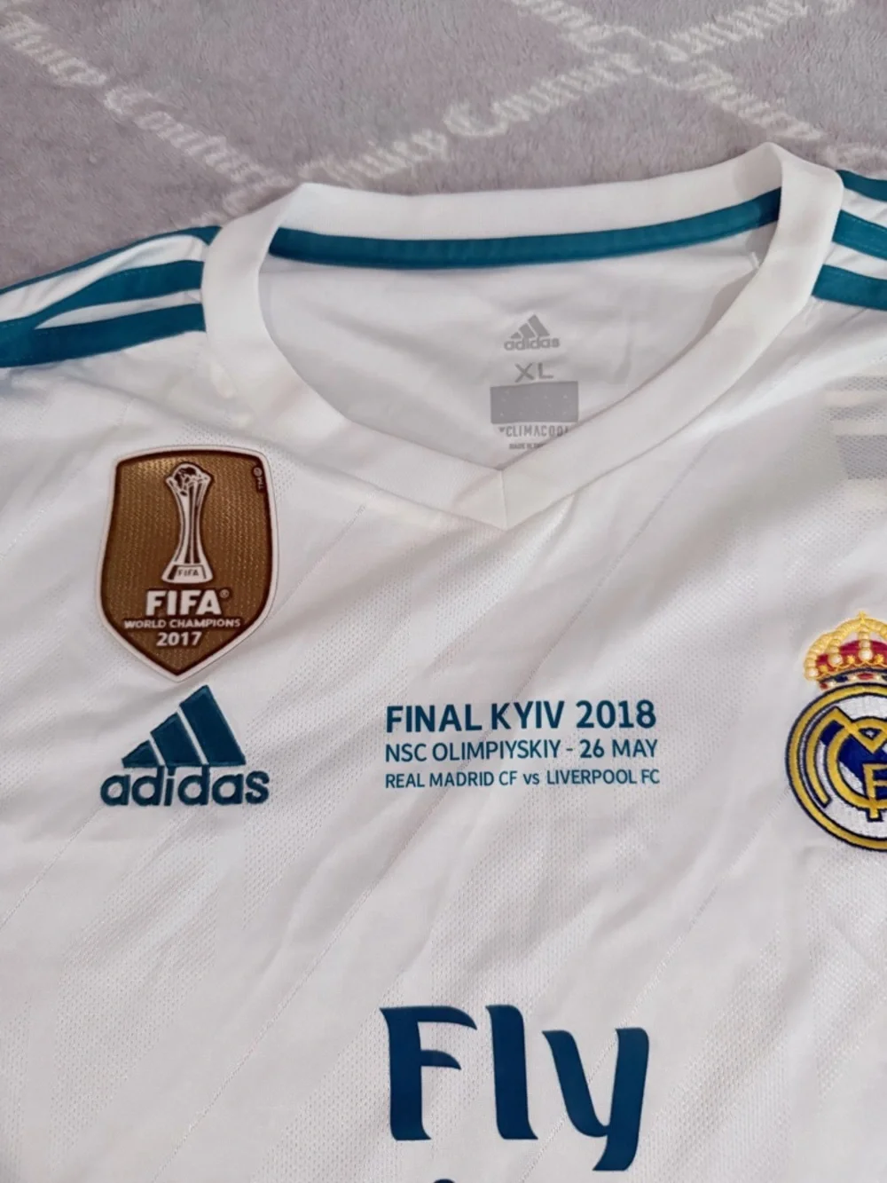 adidas White and Teal Real Madrid Final Kyiv 2018 Match Jersey